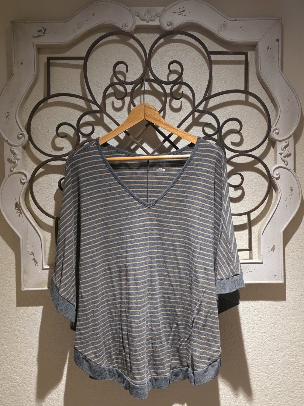 a.n.a Striped V-Neck Tunic in Gray and Cream